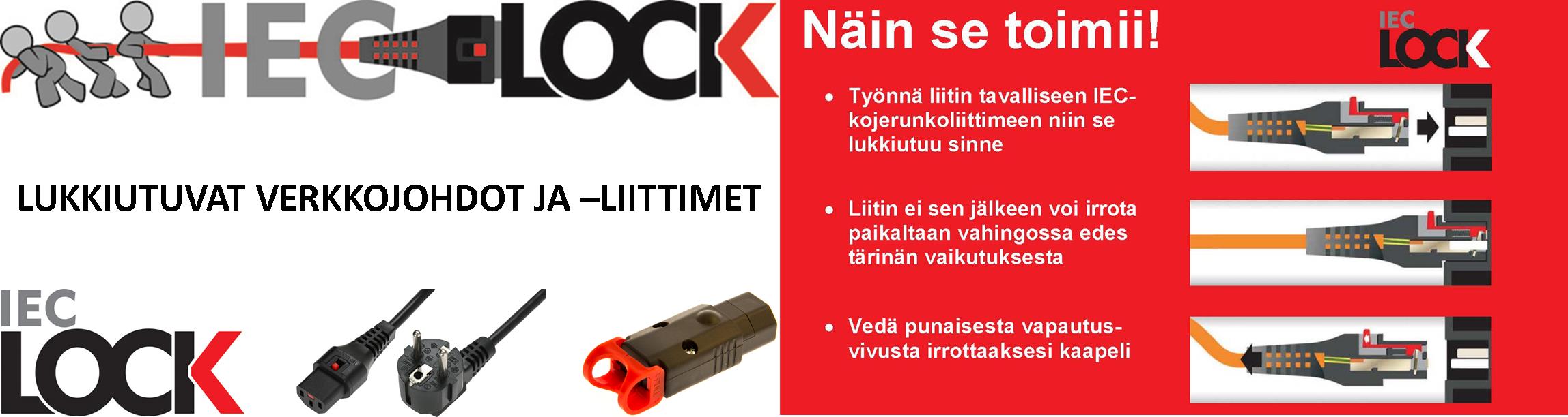 IEC LOCK verkkojohtoja voidaan käyttää kaikkien standardi IEC-liittimellä varustettujen laitteiden sähkönsyöttöön estämään tahaton irtoaminen esim. tärinän johdosta.